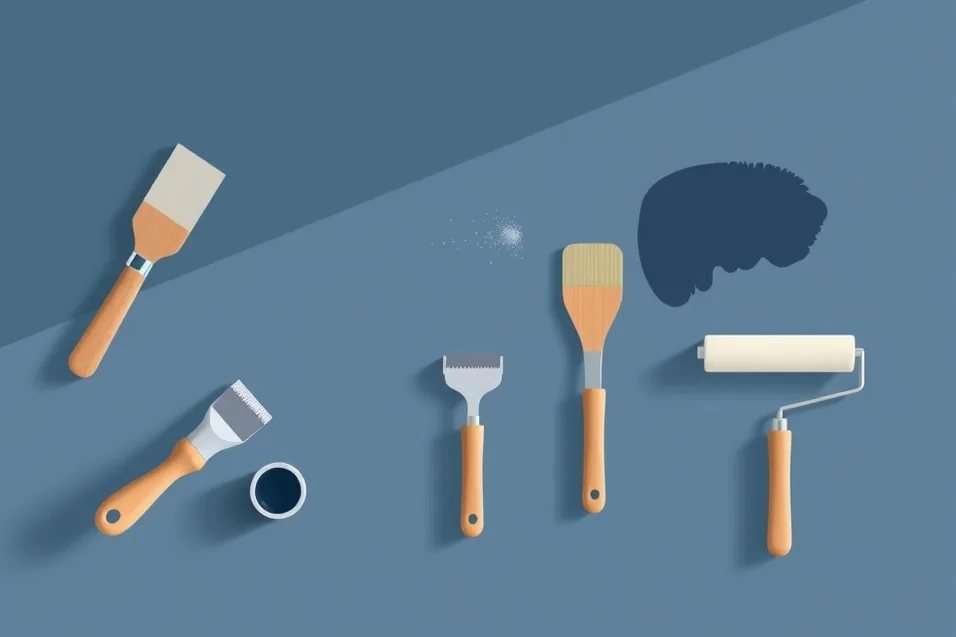 Outils de peinture disposés dans l'ordre des étapes du chantier