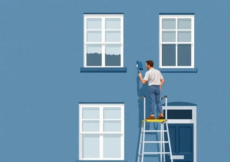 Peintre sur échafaudage traitant la façade d'une maison
