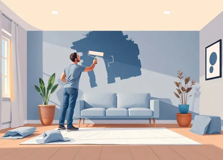 Peintre appliquant la peinture au rouleau sur un mur de salon